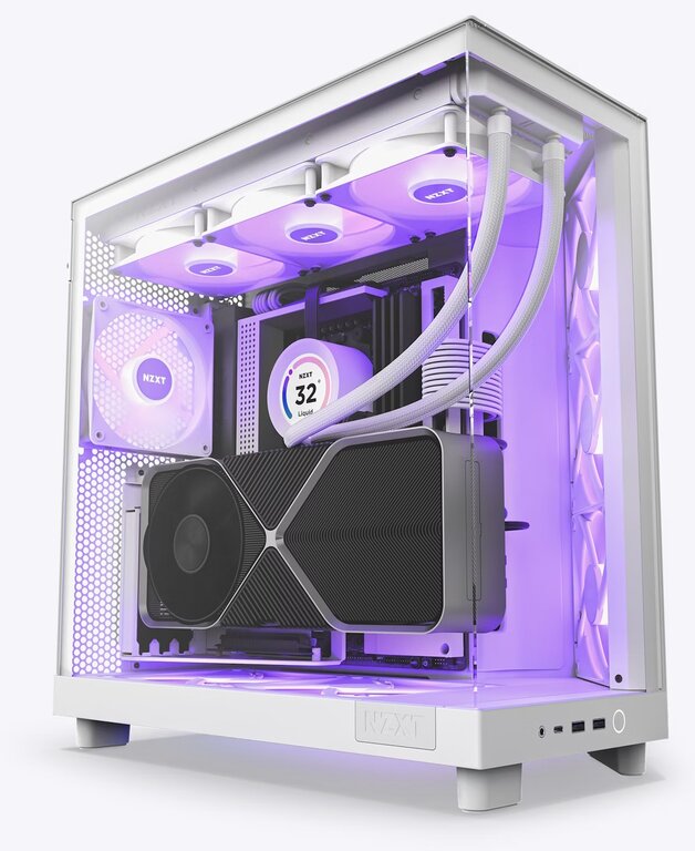 Highend-PC in weiß mit lila Beleuchtung