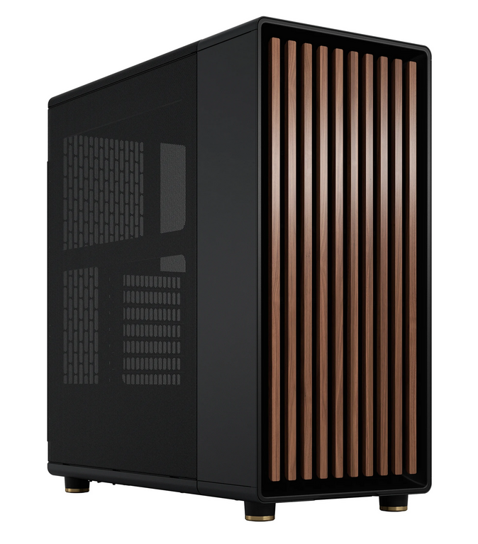 schwarzer PC mit Holzfront und Glaswand